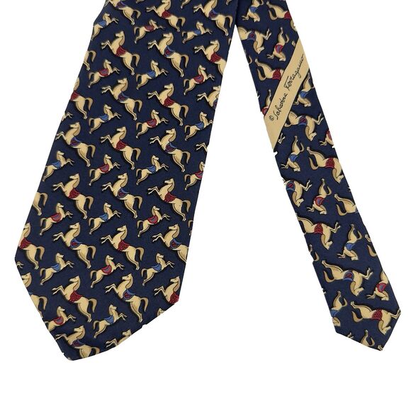Salvatore Ferragamo 100% Silk Tie Necktie Dark Navy Horse Print Made in Italy‎ - Picture 1 of 8